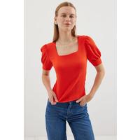 0409 Kare Yaka Örme Bluz - Oranje
