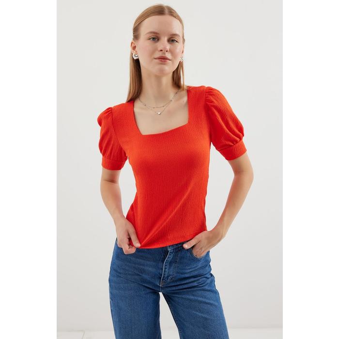 0409 Kare Yaka Örme Bluz - Oranje