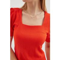0409 Kare Yaka Örme Bluz - Oranje