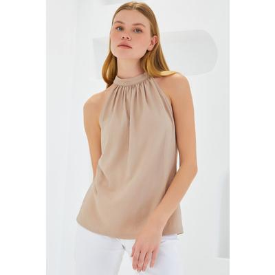 0489 Halter Yaka Örme Bluz - Bisküvi