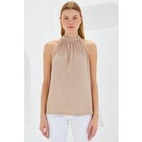 0489 Halter Yaka Örme Bluz - Bisküvi