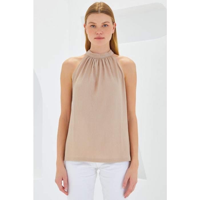 0489 Halter Yaka Örme Bluz - Bisküvi