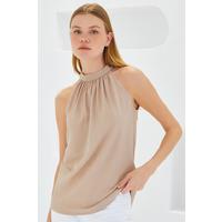 0489 Halter Yaka Örme Bluz - Bisküvi