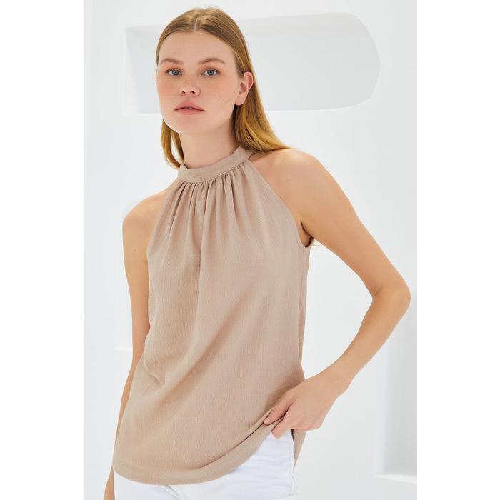 0489 Halter Yaka Örme Bluz - Bisküvi