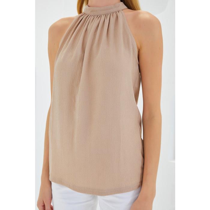 0489 Halter Yaka Örme Bluz - Bisküvi