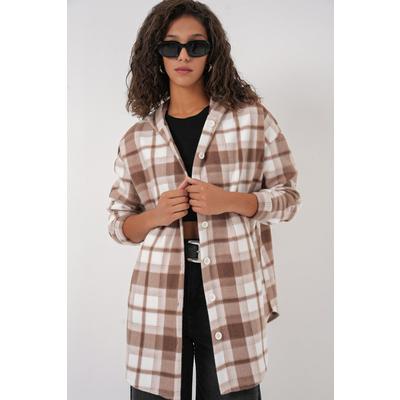0710 Kapüşonlu Oversize Gömlek - Kahverengi