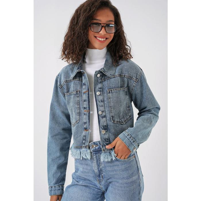 0716 Çift Cepli Crop Kot Ceket - Mavi