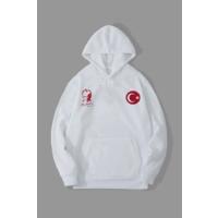 10 Kasıma Özel Üç İplik Kapşonlu Baskılı SweatShirt - Beyaz