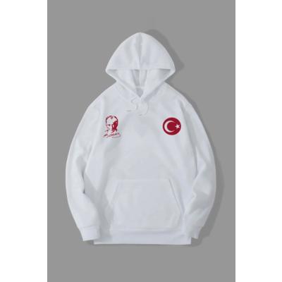 10 Kasıma Özel Üç İplik Kapşonlu Baskılı SweatShirt - Beyaz