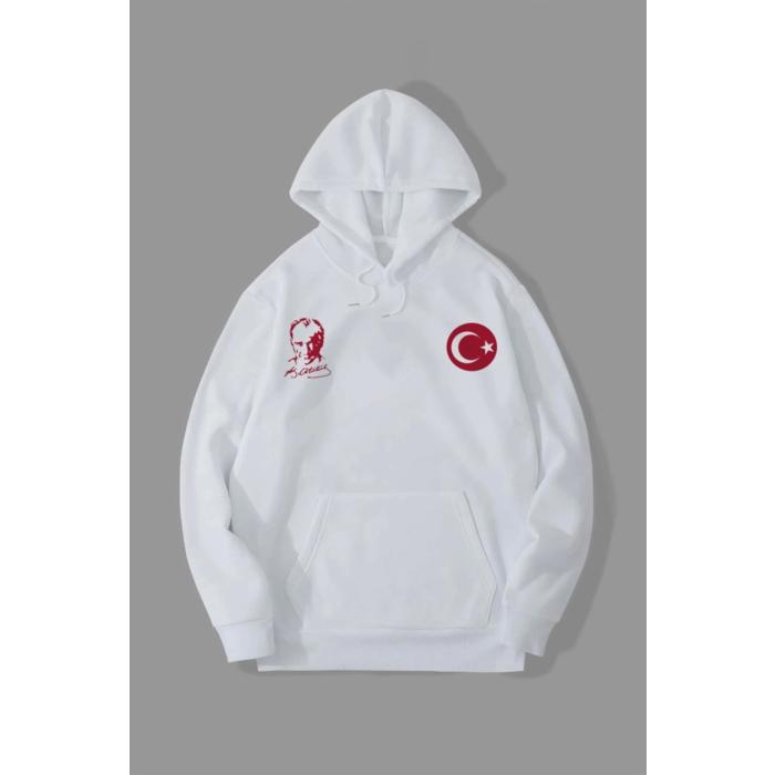 10 Kasıma Özel Üç İplik Kapşonlu Baskılı SweatShirt - Beyaz