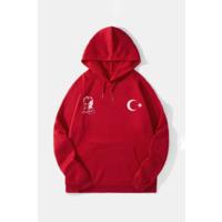 10 Kasıma Özel Üç İplik Kapşonlu Baskılı SweatShirt - Kırmızı