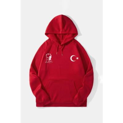 10 Kasıma Özel Üç İplik Kapşonlu Baskılı SweatShirt - Kırmızı