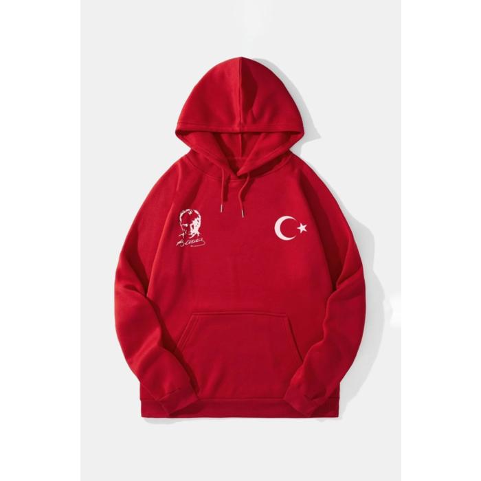 10 Kasıma Özel Üç İplik Kapşonlu Baskılı SweatShirt - Kırmızı