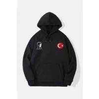 10 Kasıma Özel Üç İplik Kapşonlu Baskılı SweatShirt - Siyah
