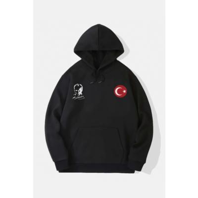 10 Kasıma Özel Üç İplik Kapşonlu Baskılı SweatShirt - Siyah