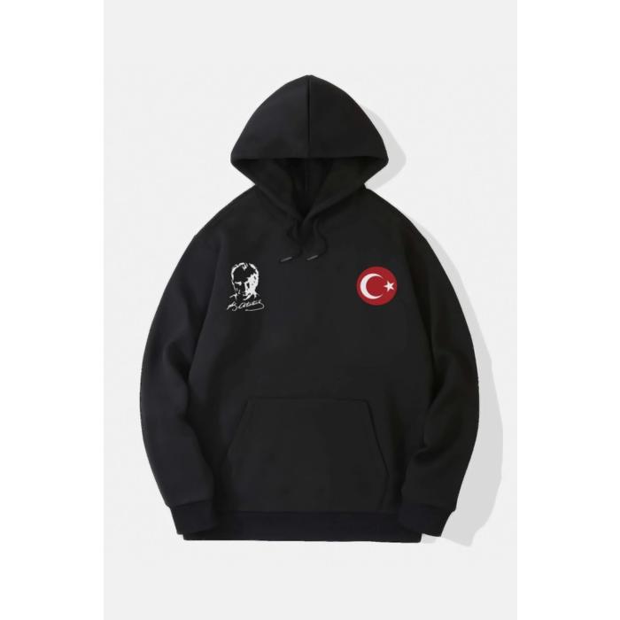10 Kasıma Özel Üç İplik Kapşonlu Baskılı SweatShirt - Siyah