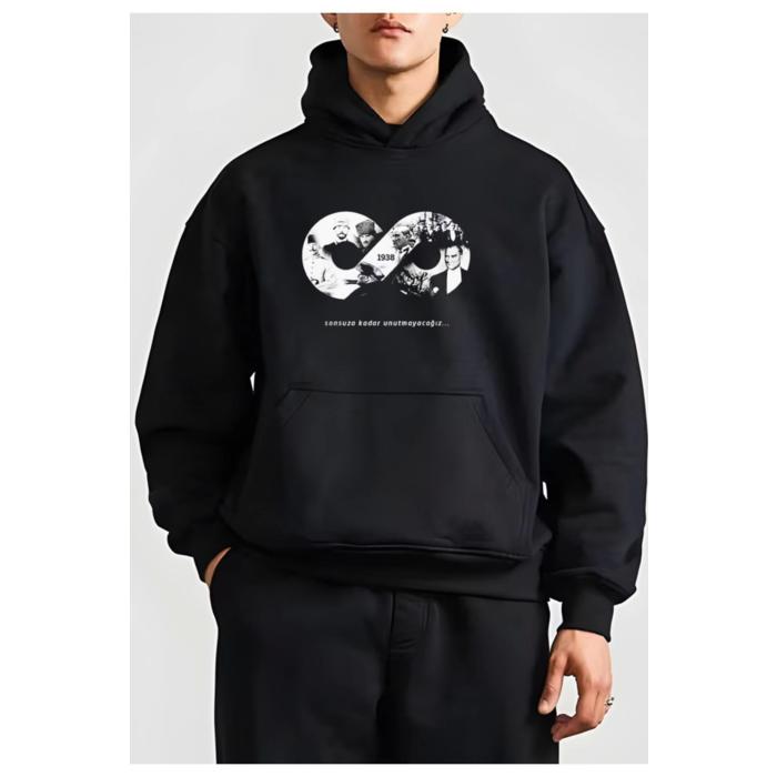 10 Kasıma Özel Üç İplik Kapşonlu Baskılı SweatShirt - Siyah