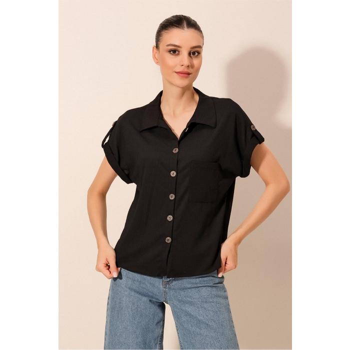 20187 Kısa Kol Oversize Örme Gömlek - Siyah