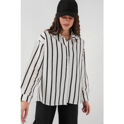 20254 Çizgili Oversize Basic Gömlek - Siyah - Beyaz