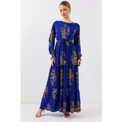2145 Desenli Tesettür Elbise - Saks