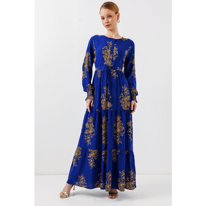 2145 Desenli Tesettür Elbise - Saks