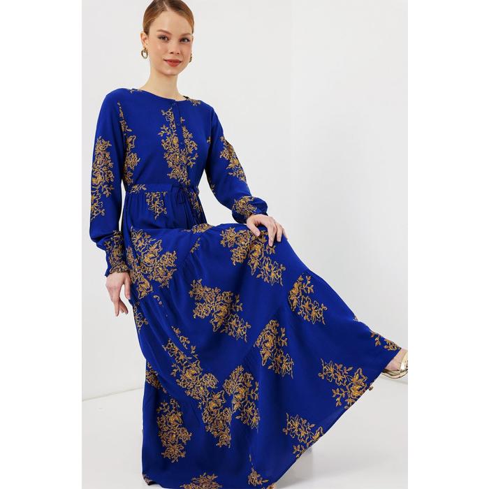 2145 Desenli Tesettür Elbise - Saks