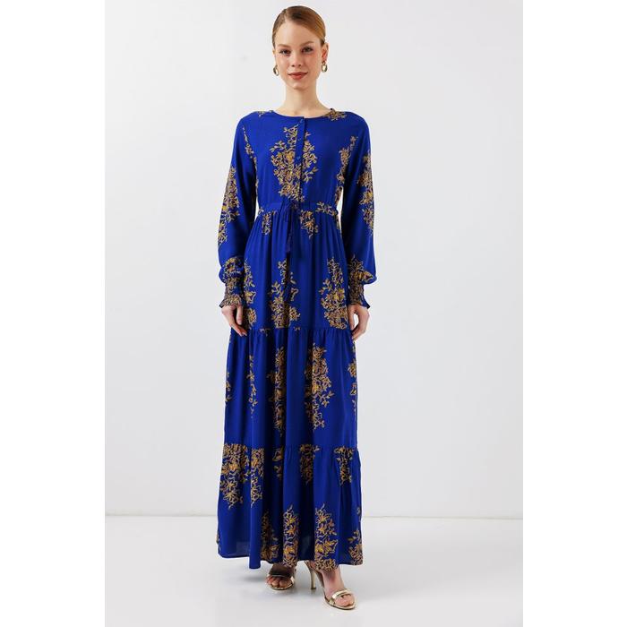 2145 Desenli Tesettür Elbise - Saks