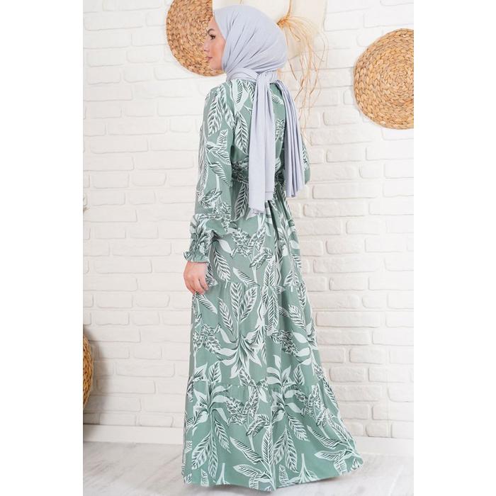 2145 Desenli Tesettür Elbise - Haki