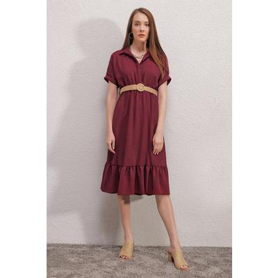 2292 Kemerli Elbise - Bordo