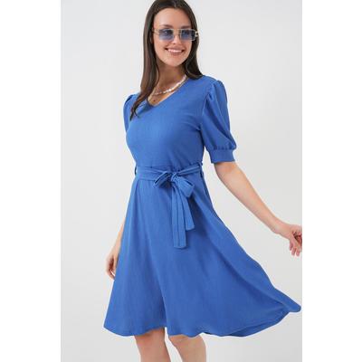 2370 Kuşaklı Örme Elbise - Saks