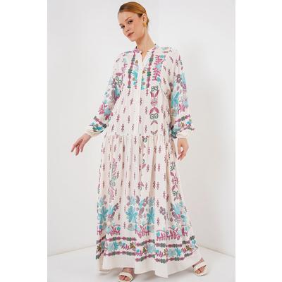 2423 Otantik Desenli Tesettür Elbise - B.Pembe