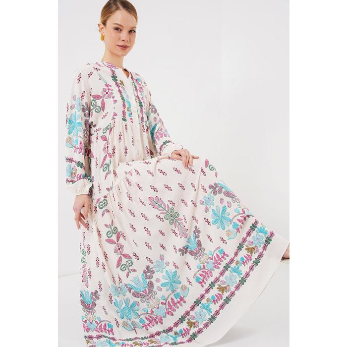 2423 Otantik Desenli Tesettür Elbise - B.Pembe