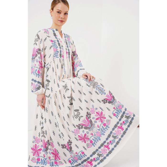 2423 Otantik Desenli Tesettür Elbise - C. Pembe
