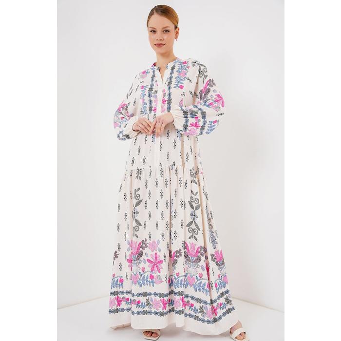 2423 Otantik Desenli Tesettür Elbise - C. Pembe