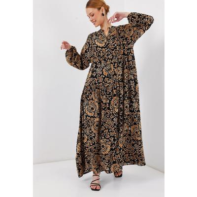 2423 Otantik Desenli Tesettür Elbise - Siyah10