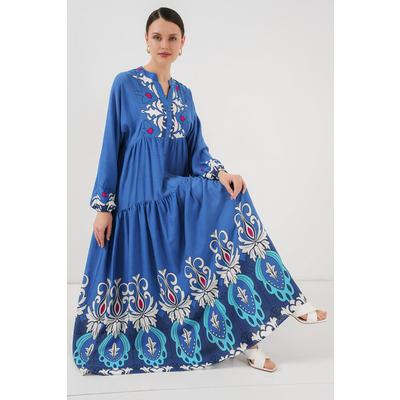2423 Otantik Desenli Tesettür Elbise - F. İndigo