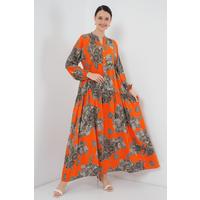 2423 Otantik Desenli Tesettür Elbise - E. Turuncu