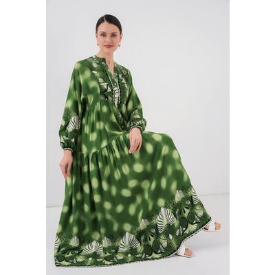 2423 Otantik Desenli Tesettür Elbise - Yeşil 6