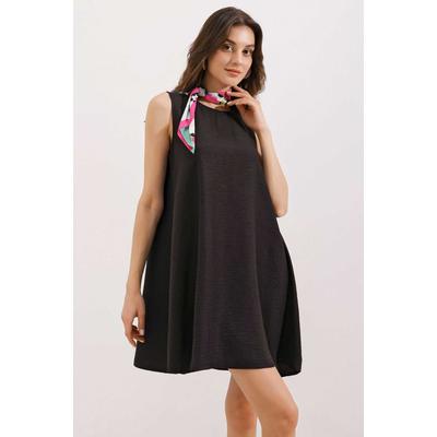 2444 Detaylı Mini Keten Elbise - Siyah