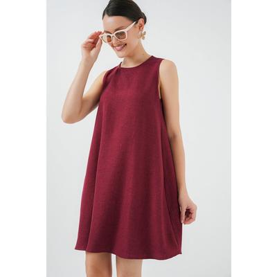 2444 Mini Keten Elbise - Bordo