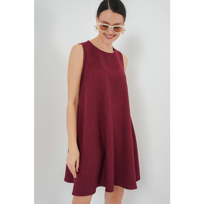 2444 Mini Keten Elbise - Bordo