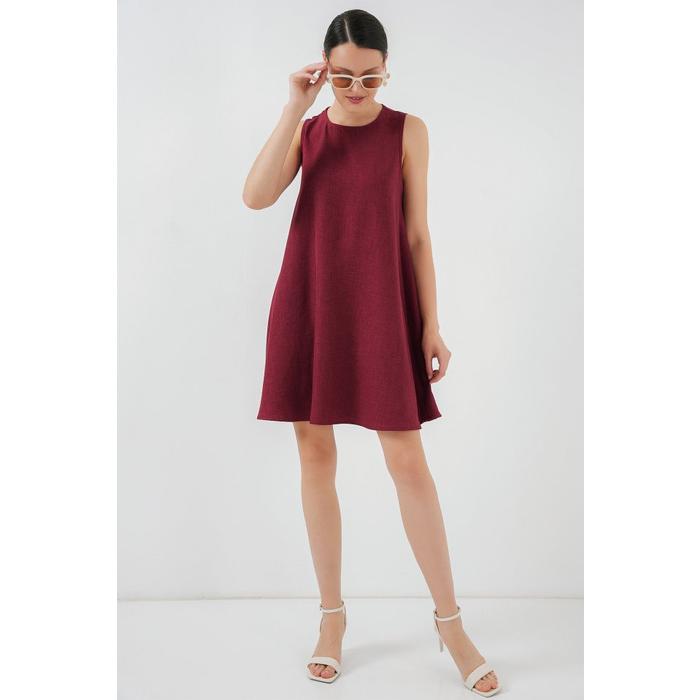 2444 Mini Keten Elbise - Bordo