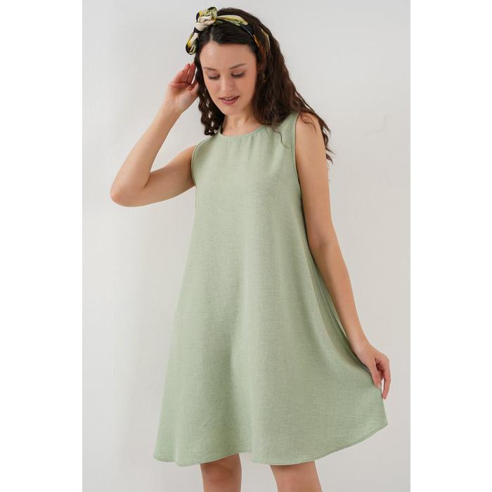 2444 Mini Keten Elbise - E.Yeşil