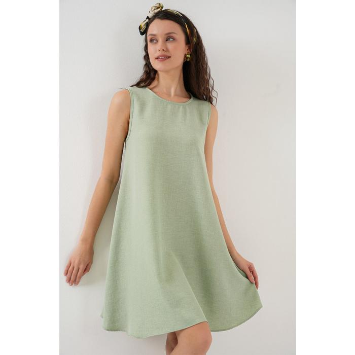 2444 Mini Keten Elbise - E.Yeşil
