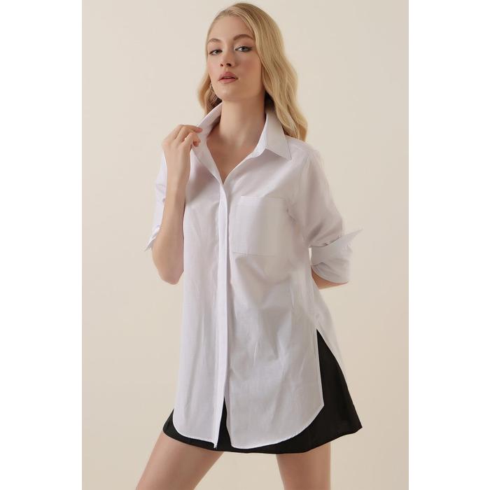 3879 Oversize Cepli Gömlek - Beyaz
