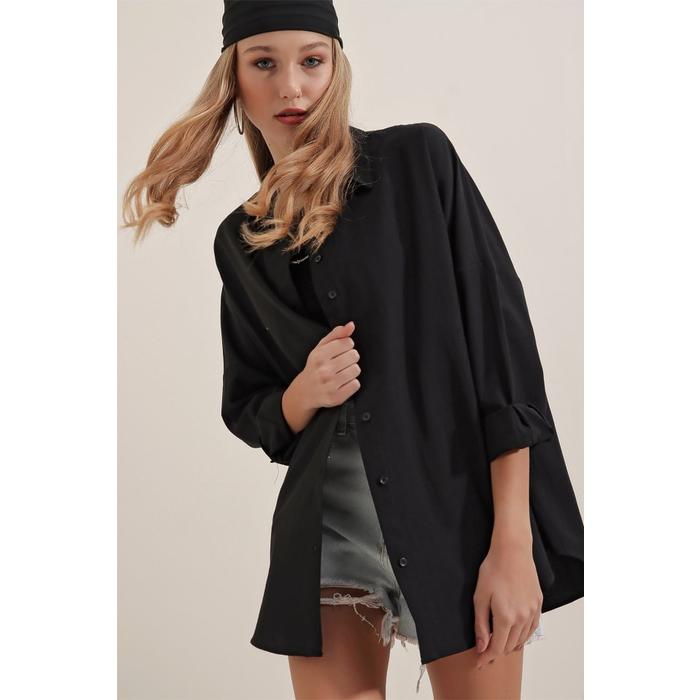 3900 Oversize Uzun Basic Gömlek - Siyah