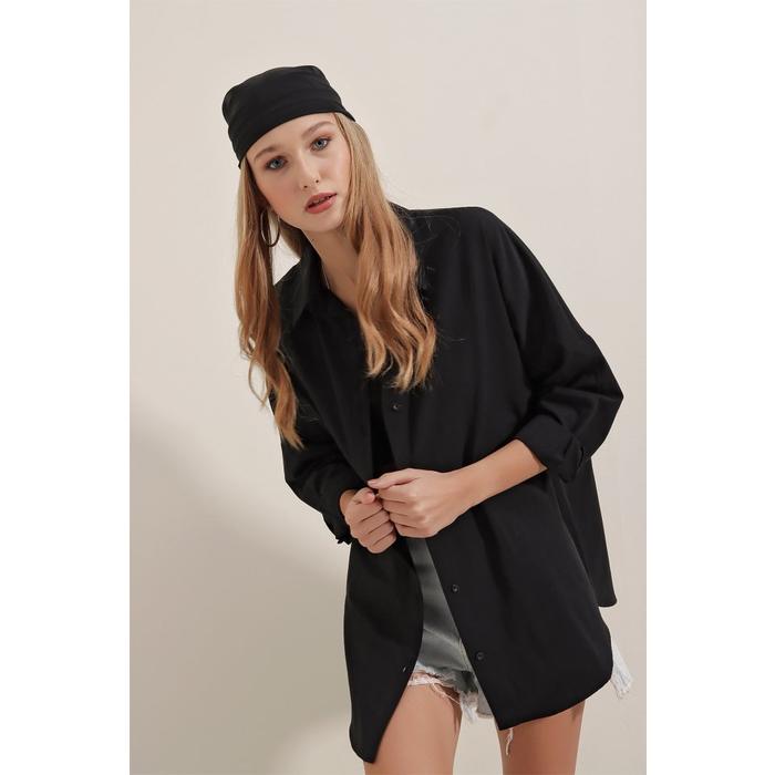 3900 Oversize Uzun Basic Gömlek - Siyah