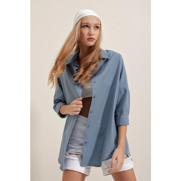3900 Oversize Uzun Basic Gömlek - İndigo