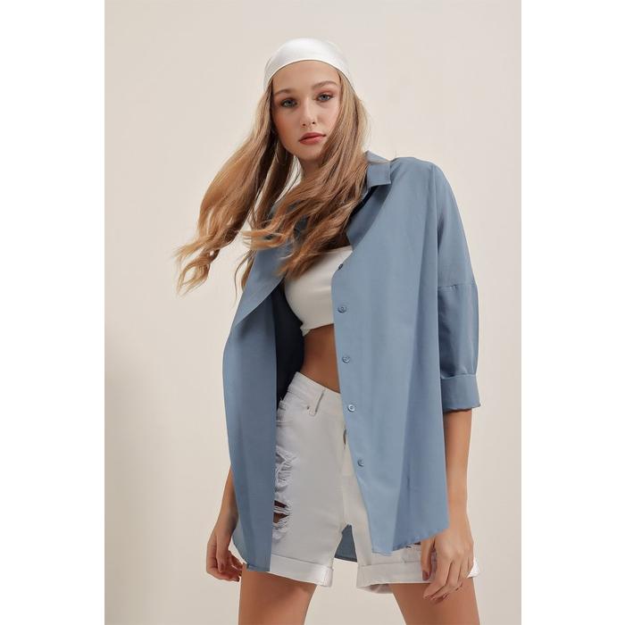 3900 Oversize Uzun Basic Gömlek - İndigo