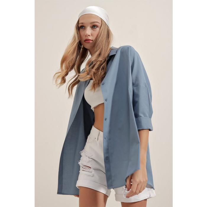 3900 Oversize Uzun Basic Gömlek - İndigo